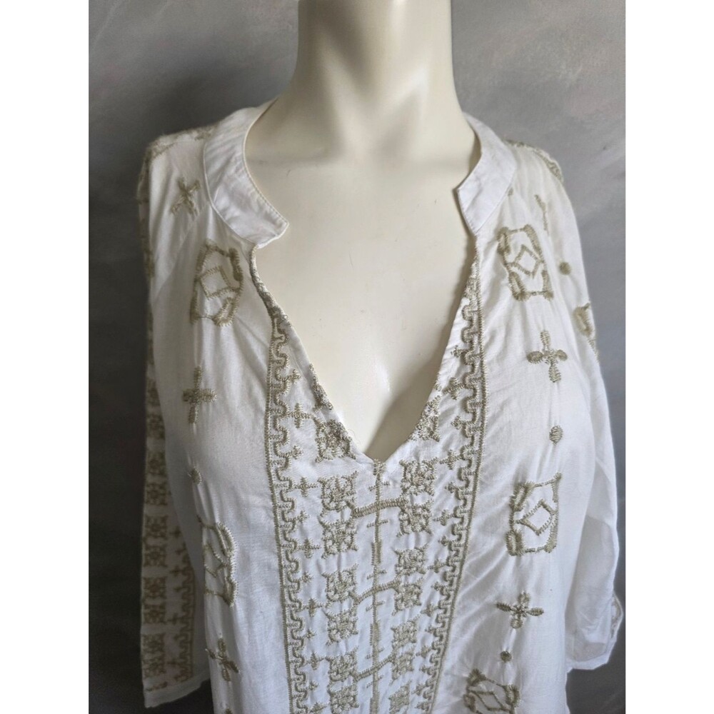 Blue Saks Fifth Avenue Cotton White Taupe Embroidered Tunic Top Sz XL - Picture 2 of 11
